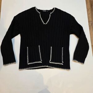 Nenona XL Black Ribbed Sweater V Neck White Trim Front Pockets Preppy Classic